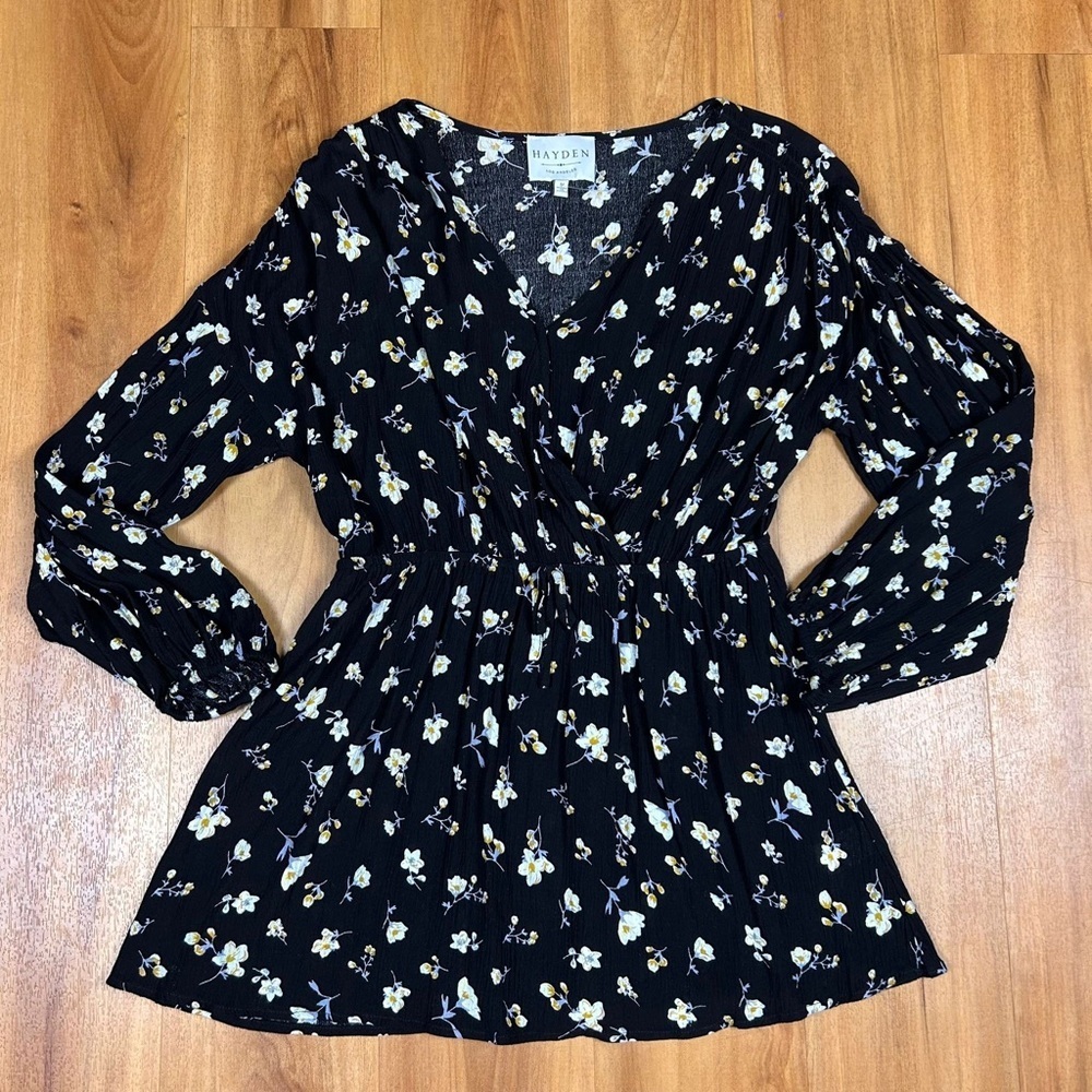 Hayden Los Angeles Black and White Wrap Blouse with Ruched Long Sleeves